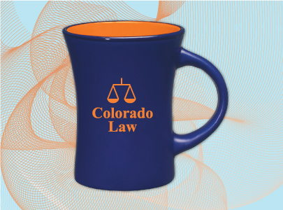 Blue and Orange, Two-Toned, Porcelain, C Handled Mug screen-printed with Colorado Law logo perfect for coffee and tea