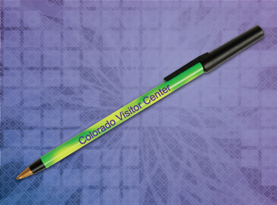 Neon Green and Yellow Stick Pen imprinted with Colorado Visitor Center logo perfect for handouts and giveaways