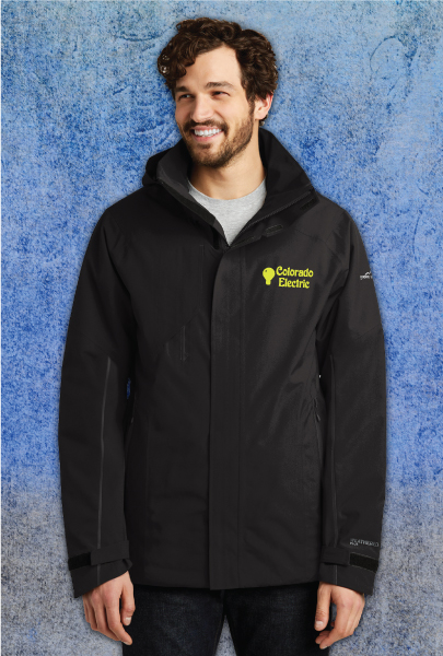 Man wearing Black, Warm, Water Resistant Jacket embroidered with Colorado Electric logo