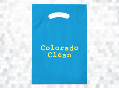 Blue, Die Cut Handle Plastic Bag imprinted with Colorado Clean logo for giveaways and litter