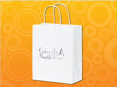 White Paper Bag with Handles decorated with Colorado North Wear logo to be used for shopping and perfect for retail stores