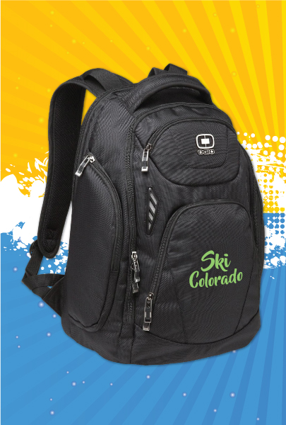 Black, Weather Resistant Backpack with comfortable straps decorated with Ski Colorado logo