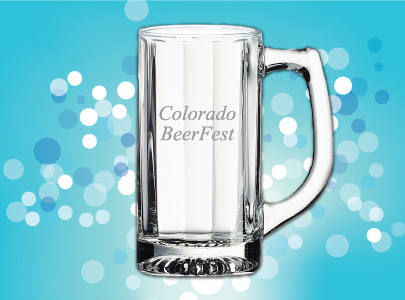 Glass Beer Stein with Handle decorated with Colorado BeerFest logo