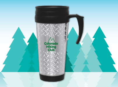 Steel, 16 oz. Travel Mug with Black Spill Resistant Lid and Handle decorated with Colorado Hiking Club logo