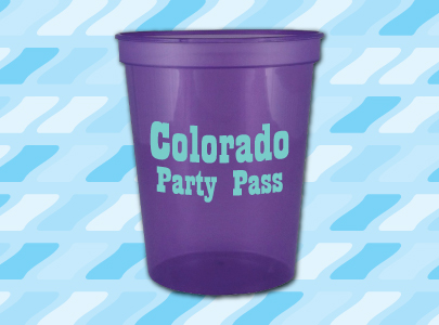 Purple, 12 oz. Plastic Stadium Cups imprinted with Colorado Party Pass logo, great for festivals and events