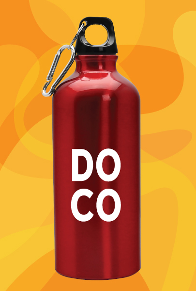 Red, Steel Water Bottle with Black Lid and Clip pad printed with DO CO which mean Do Colorado, perfect for hiking and working out