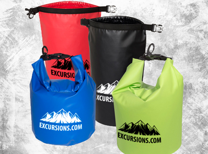 Black, Blue, Red and Yellow Water Proof Dry Bags imprinted with Excursions Colorado logo to keep all of your supplies dry