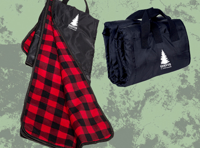 Black Nylon Shell Picnic Blanket with Balck and Red Checkered Fabric that is soft to sit on that folds up into a case imprinted with a Colorado based logo