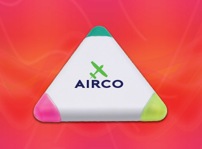 Triangular Highlighter featuring Blue, Pink and Yellow Ink Colors with a White Flat Base imprinted with AIRCO logo which means Air Colorado
