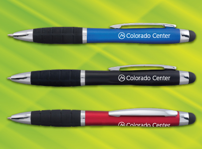 Blue Barrel, Black Grip with Silver Accents Twist Pen Pad Printed with Colorado Center logo that can be used for banks and real estate offices