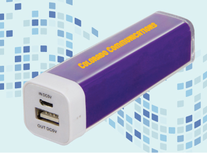 Purple, Portable Charger with USB Port imprinted with Colorado Communications logo