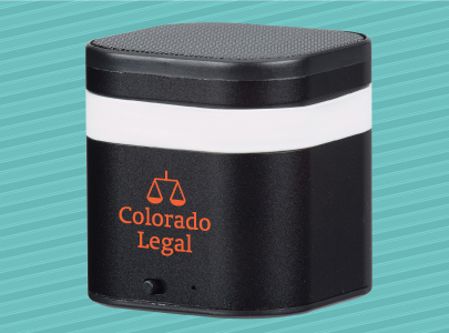 Small Black, Portable, Bluetooth Speaker imprinted with Colorado Legal logo perfect for desktop listening