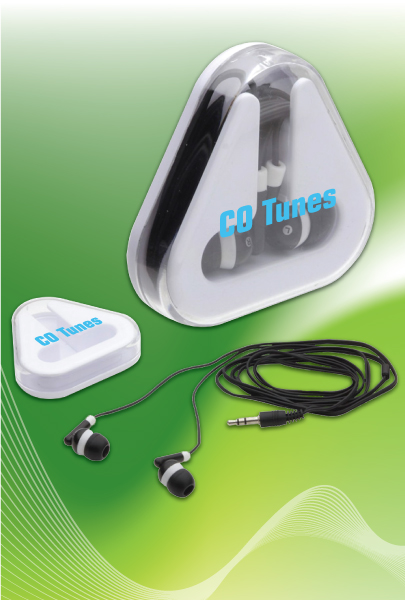 Black Earbuds in a white triangular case imprinted with Colorado Tunes on the case